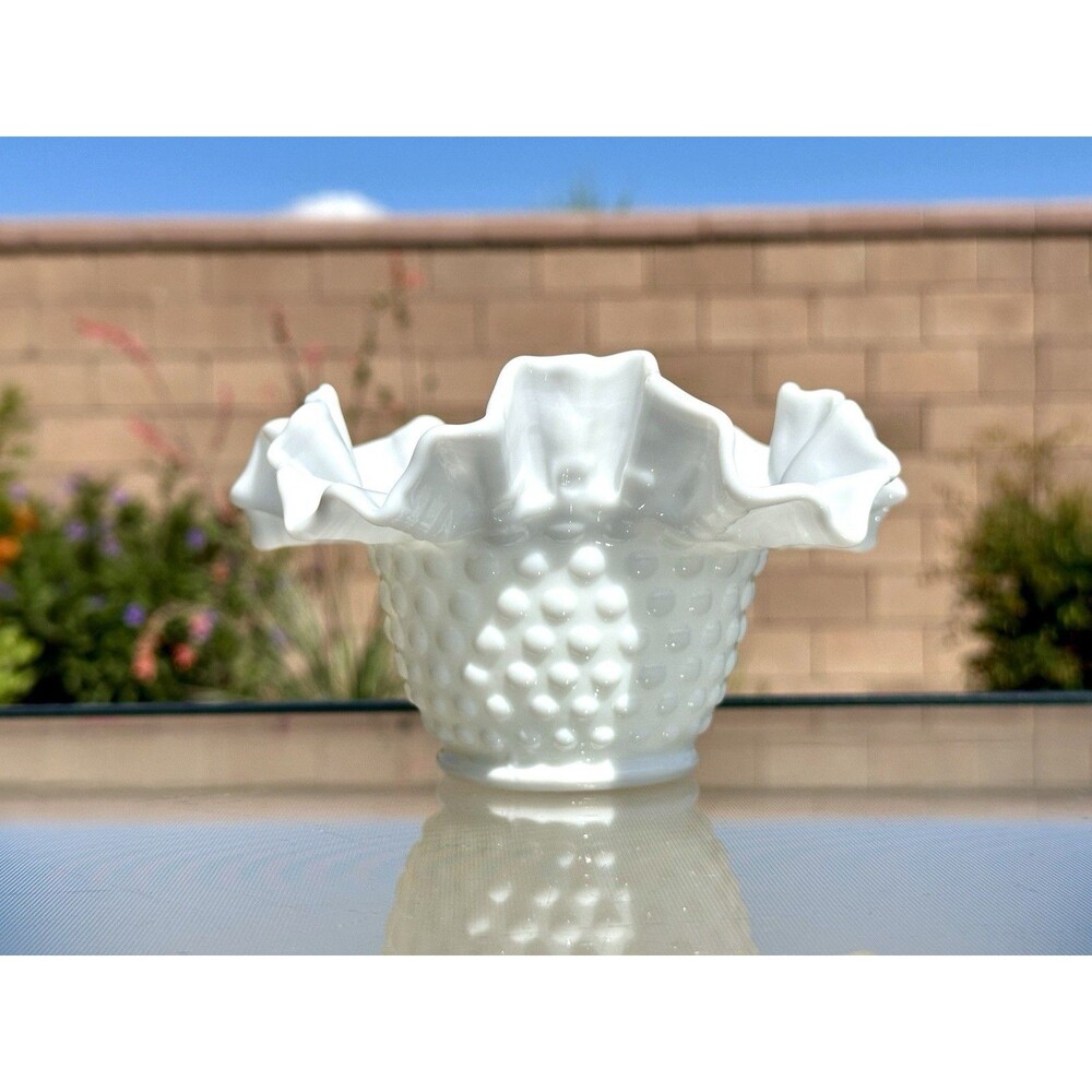 Vintage Fenton Hobnail Bowl Vase White Milk Glass Ruffled Crimped Decorative